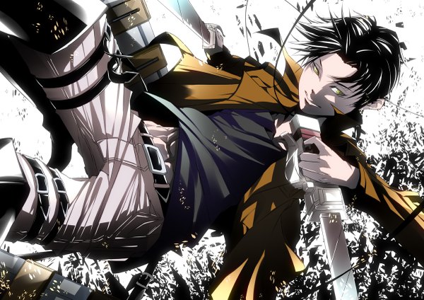 Anime picture 1200x849 with shingeki no kyojin production i.g levi (rivaille) gyuufa single short hair black hair smile holding yellow eyes looking away wind open clothes open jacket jumping dual wielding smirk weapon sword jacket