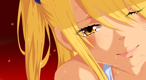 Anime picture 1800x984 with fairy tail lucy heartfilia getaxy itachiuchiha54 maxclarck single long hair highres blonde hair wide image yellow eyes one eye closed light smile lips wink coloring close-up face red background girl