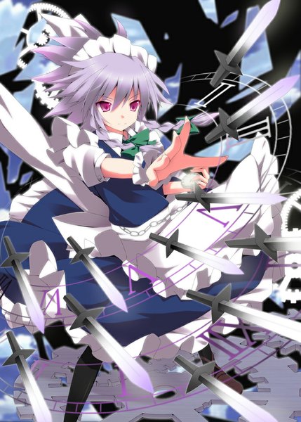 Anime picture 700x979 with touhou izayoi sakuya kurono yuzuko single tall image fringe short hair smile silver hair pink eyes maid outstretched arm fighting stance girl thighhighs uniform weapon black thighhighs headdress maid headdress
