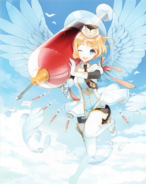 Anime picture 2239x2835 with cardfight vanguard salt (salty) single tall image highres short hair open mouth blue eyes blonde hair sky cloud (clouds) one eye closed wink scan girl animal wings bird (birds) thigh boots feather (feathers)