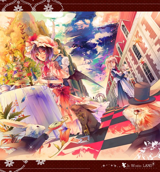 Anime picture 1221x1316 with touhou remilia scarlet izayoi sakuya kirero (pixiv) tall image short hair red eyes multiple girls sky silver hair purple hair cloud (clouds) teeth maid fang (fangs) checkered floor bat wings girl dress flower (flowers)