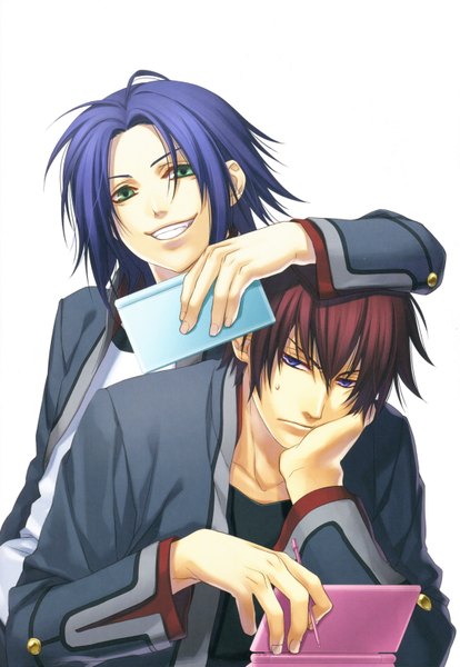 Anime picture 4327x6267 with hiiro no kakera onizaki takuma mahiro atori tall image looking at viewer highres short hair open mouth blue eyes smile brown hair white background sitting green eyes blue hair absurdres scan multiple boys hand in pocket frown