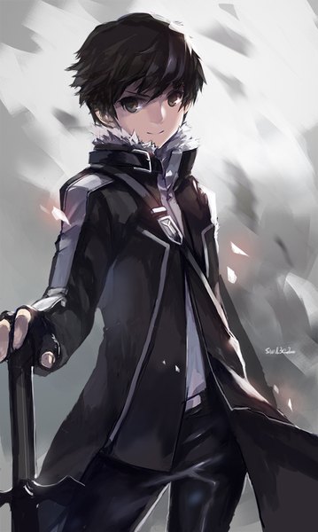 Anime picture 584x974 with sword art online a-1 pictures kirigaya kazuto swd3e2 single tall image fringe short hair black hair simple background smile standing signed looking away long sleeves black eyes boy gloves weapon sword