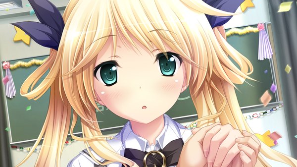 Anime picture 1280x720 with chrono clock dorothy davenport koku single long hair looking at viewer open mouth blue eyes blonde hair wide image twintails game cg girl uniform bow hair bow school uniform confetti