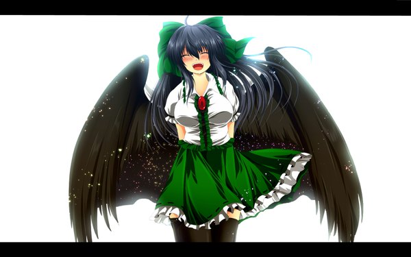 Anime picture 1920x1200 with touhou reiuji utsuho single long hair blush highres open mouth black hair wide image white background eyes closed zettai ryouiki starry sky print girl dress skirt bow hair bow wings green skirt