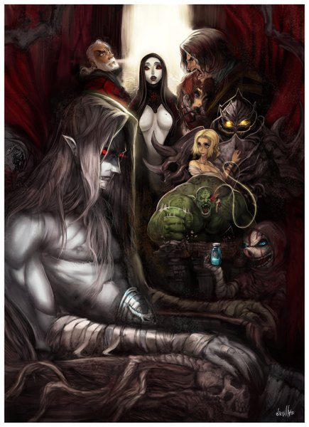 Anime picture 1100x1516 with castlevania castlevania: lords of shadow konami gabriel belmont dracula (castlevania) carmilla (lords of shadow) black knight (lords of shadow) chupacabras claudia (lords of shadow) zobek long hair tall image short hair open mouth blue eyes red eyes sitting yellow eyes pointy ears inscription