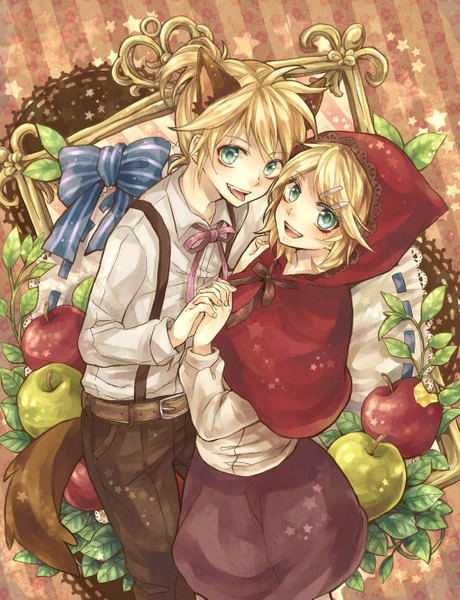 Anime picture 2137x2785 with little red riding hood vocaloid kagamine rin kagamine len little red riding hood (character) big bad wolf makoto (roketto-massyumaro) tall image blush highres short hair blonde hair smile aqua eyes holding hands wolf ears wolf tail girl dress boy