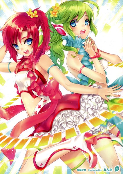 Anime picture 2545x3600 with girls, girls, girls! 10 (artbook) renta (deja-vu) long hair tall image looking at viewer blush highres open mouth blue eyes bare shoulders multiple girls red hair green hair scan official art girl dress hair ornament bow 2 girls