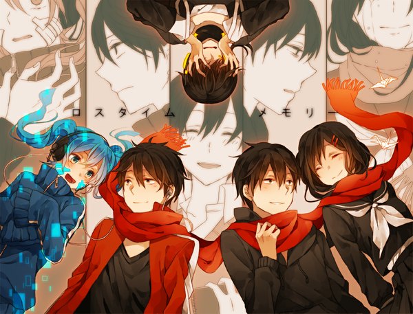 Anime picture 1100x839 with kagerou project shaft (studio) loss time memory (vocaloid) tateyama ayano ene (kagerou project) kisaragi shintarou kokonose haruka kiri (lwp01 lav) long hair blush short hair open mouth blue eyes black hair smile brown eyes blue hair eyes closed inscription multiview