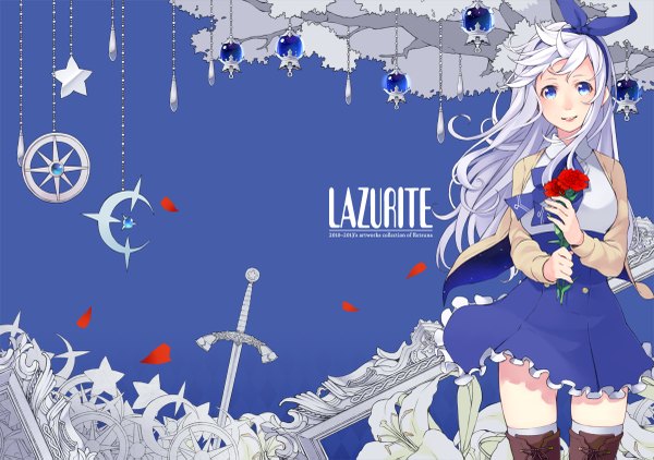 Anime picture 1200x845 with original retsuna single long hair looking at viewer blue eyes smile white hair girl thighhighs dress flower (flowers) bow hair bow petals