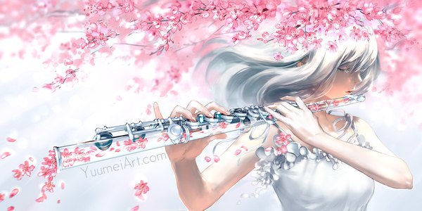 Anime picture 1500x750 with original yuumei single long hair wide image bare shoulders holding signed upper body white hair eyes closed parted lips profile wind cherry blossoms watermark playing instrument girl flower (flowers) petals