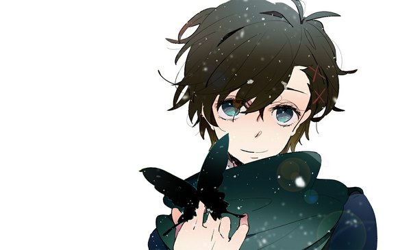 Anime picture 1150x700 with zetsuen no tempest studio bones takigawa yoshino &nbsp (artist) single looking at viewer short hair black hair simple background brown hair wide image white background green eyes aqua eyes light smile snowing boy hair ornament hairclip scarf