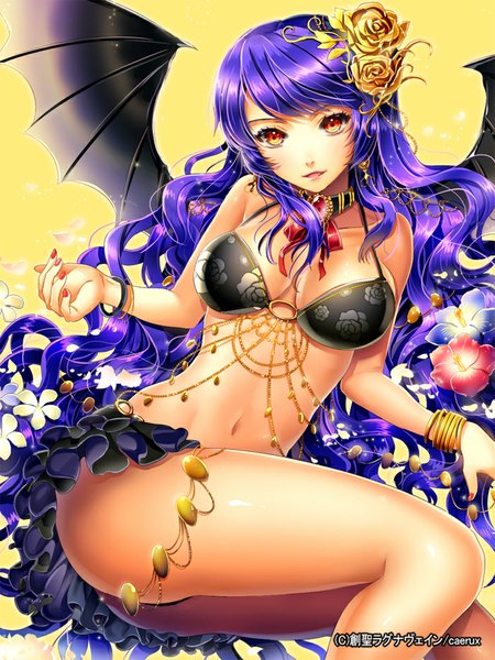 Anime picture 700x933 with sousei ragnavein (game) ells (ellsat) single long hair tall image open mouth light erotic simple background smile purple hair nail polish hair flower bare belly orange eyes bat wings yellow background girl navel hair ornament flower (flowers)