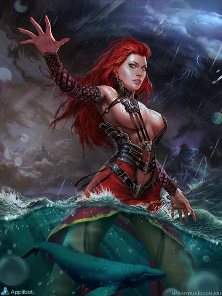 Anime picture 750x1000 with legend of the cryptids maxim verehin single long hair tall image breasts blue eyes light erotic red hair realistic wet rain underwater lightning girl water
