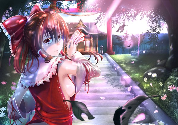 Anime picture 1536x1084 with touhou hakurei reimu mochi (chain csn) single long hair breasts light erotic red eyes brown hair traditional clothes japanese clothes miko girl flower (flowers) bow hair bow petals leaf (leaves) ofuda