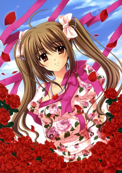Anime picture 2439x3460 with nishimata aoi single long hair tall image highres smile brown hair twintails brown eyes absurdres girl dress flower (flowers) ribbon (ribbons) petals rose (roses) red rose