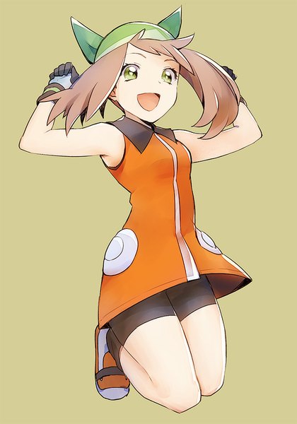 Anime picture 650x928 with pokemon pokemon rse nintendo may (pokemon) kurochiroko single tall image short hair open mouth simple background brown hair green eyes looking away arms up sleeveless happy jumping brown background girl bandana
