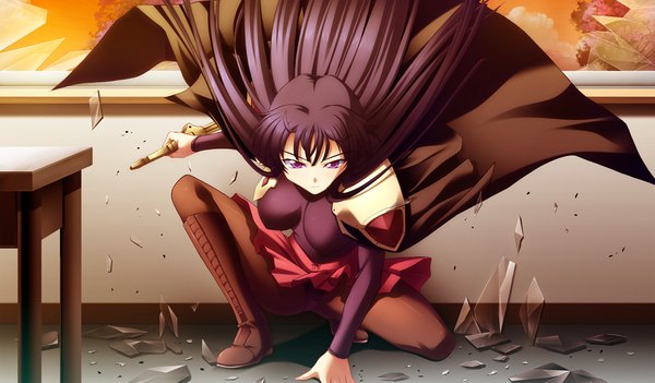 Anime picture 1024x600 with jinki feel (studio) long hair light erotic black hair wide image purple eyes game cg pantyshot pantyshot sitting girl underwear panties