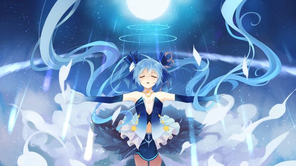 Anime picture 1920x1080 with vocaloid hatsune miku bzerox single highres open mouth wide image twintails eyes closed very long hair aqua hair girl dress gloves navel bow hair bow elbow gloves