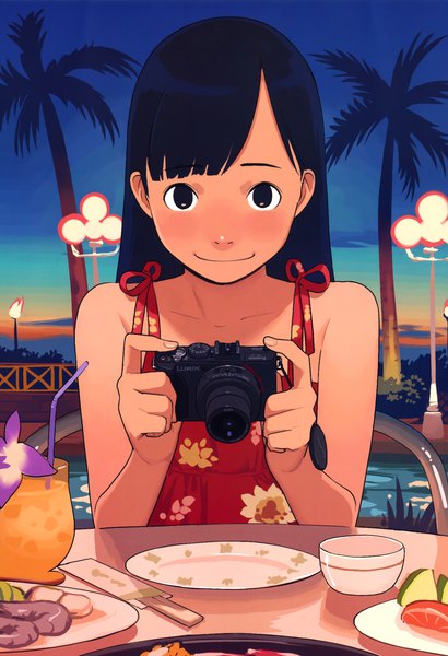 Anime picture 3000x4383 with original takamichi single long hair tall image looking at viewer blush fringe highres black hair smile sitting bare shoulders holding sky blunt bangs black eyes scan sleeveless floral print