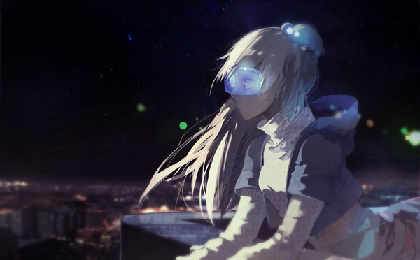 Anime picture 1000x621 with original left mouse single long hair fringe wide image looking away upper body ponytail profile from above wind grey hair night open jacket night sky city cityscape city lights girl