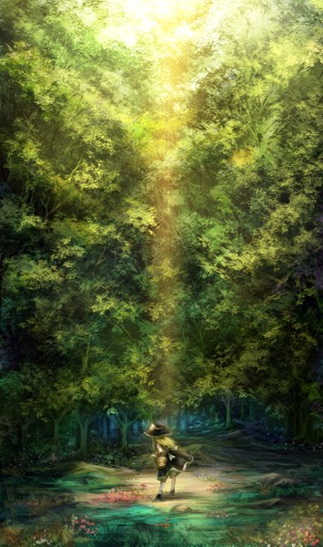 Anime picture 1500x2531 with touhou kirisame marisa madcocoon single long hair tall image blonde hair girl dress plant (plants) tree (trees) witch hat forest basket