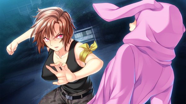 Anime picture 1280x720 with gun knight girl tagme (character) komiya tamaki sumeragi kohaku looking at viewer short hair breasts open mouth red eyes brown hair wide image large breasts bare shoulders game cg outdoors night arms up bunny ears fighting stance angry