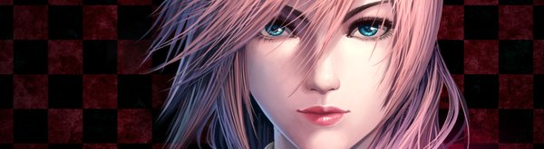 Anime picture 2000x550 with lightning returns: final fantasy xiii lightning farron zsxcmax single long hair looking at viewer blue eyes wide image pink hair lips face checkered checkered background girl