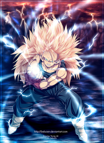 Anime picture 1006x1382 with dragon ball son goku belucen single long hair tall image blonde hair green eyes sky cloud (clouds) grin coloring magic muscle angry electricity boy gloves fingerless gloves