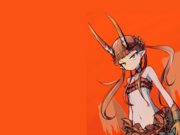 Anime picture 1024x768 with c: the money of soul and possibility control mashu (c) single long hair simple background brown hair bare shoulders yellow eyes horn (horns) pointy ears orange background girl navel