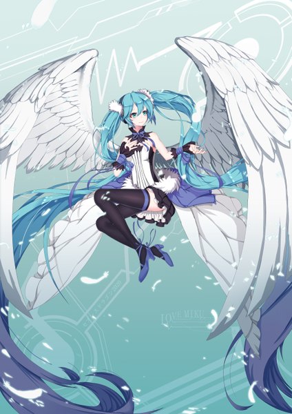 Anime picture 4133x5846 with 7th dragon 2020 vocaloid hatsune miku sugar sound single tall image highres smile twintails bare shoulders looking away absurdres bent knee (knees) very long hair aqua eyes aqua hair angel wings girl thighhighs black thighhighs
