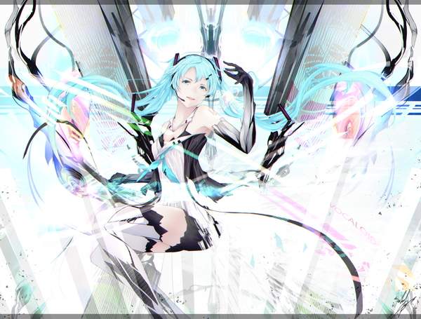 Anime picture 1786x1357 with project diva f 2nd vocaloid hatsune miku marumoru single looking at viewer fringe highres open mouth twintails signed bent knee (knees) very long hair aqua eyes aqua hair tattoo copyright name girl thighhighs gloves