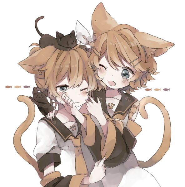 Anime picture 1400x1420 with vocaloid kagamine rin kagamine len niwa (ejizon) tall image blush short hair open mouth simple background brown hair white background animal ears tail animal tail one eye closed black eyes cat ears cat tail twins hand on face