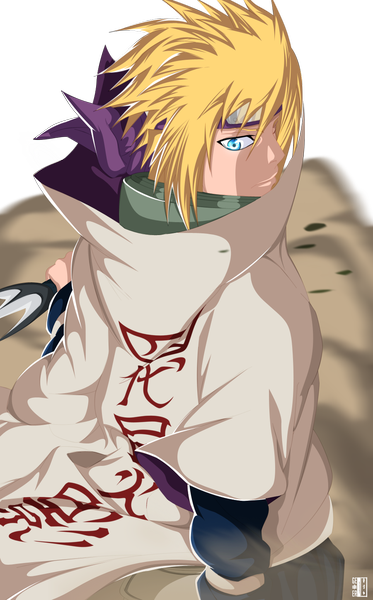 Anime picture 900x1445 with naruto studio pierrot naruto (series) namikaze minato igeerr single tall image short hair blue eyes blonde hair looking back from above coloring smoke transparent background hokage boy weapon cloak bandana