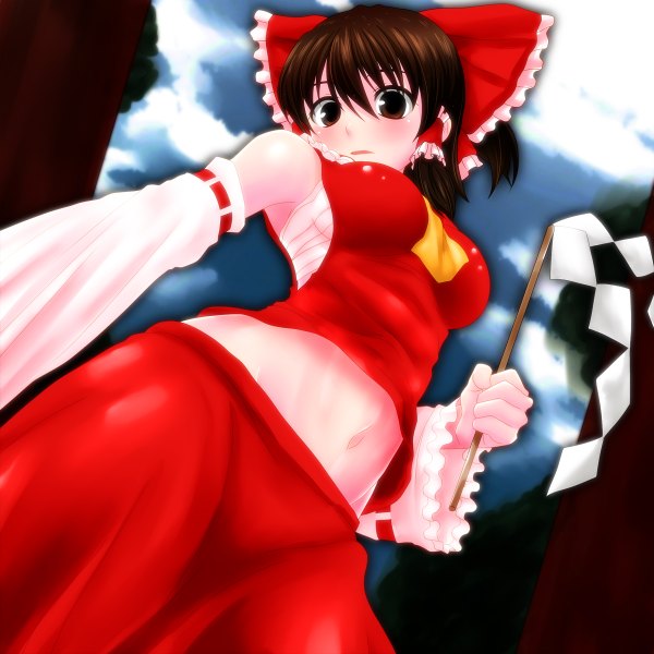 Anime picture 1200x1200 with touhou hakurei reimu watarui single looking at viewer blush short hair breasts brown hair brown eyes traditional clothes from below miko girl skirt navel bow hair bow detached sleeves skirt set