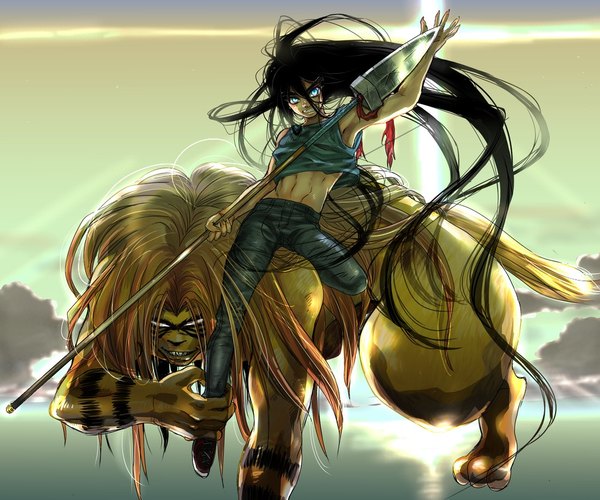 Anime picture 1000x834 with ushio to tora tora (ushio to tora) aotsuki ushio trd looking at viewer fringe blue eyes black hair hair between eyes sky cloud (clouds) bent knee (knees) very long hair bare belly armpit (armpits) boy weapon monster spear jeans