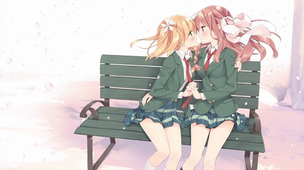 Anime picture 1279x717 with sakura trick studio deen takayama haruka sonoda yuu peko long hair blush short hair open mouth blonde hair red eyes wide image twintails multiple girls green eyes pink hair red hair pink eyes shoujo ai cropped