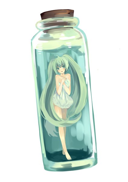 Anime picture 2480x3507 with vocaloid hatsune miku kinoko0302 (artist) single long hair tall image highres open mouth simple background white background twintails bare shoulders green eyes ahoge very long hair barefoot green hair in container in bottle girl