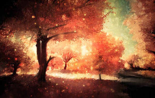 Anime picture 1900x1200 with original akyuun highres sky outdoors sunlight blurry sparkle shadow wallpaper rain no people scenic autumn nature plant (plants) tree (trees) grass