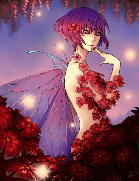 Anime picture 1024x1331 with original unodu single tall image fringe short hair pink hair pink eyes hair flower finger to mouth insect wings butterfly wings plant girl girl hair ornament flower (flowers) plant (plants) tree (trees) fireflies