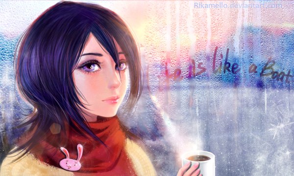 Anime picture 1280x768 with bleach studio pierrot kuchiki rukia rikamello single short hair wide image purple eyes signed purple hair realistic inscription winter close-up face girl scarf cup bunny coffee
