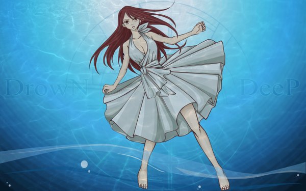 Anime picture 2560x1600 with fairy tail erza scarlet single long hair highres breasts wide image large breasts bare shoulders cleavage full body red hair barefoot underwater girl dress water white dress