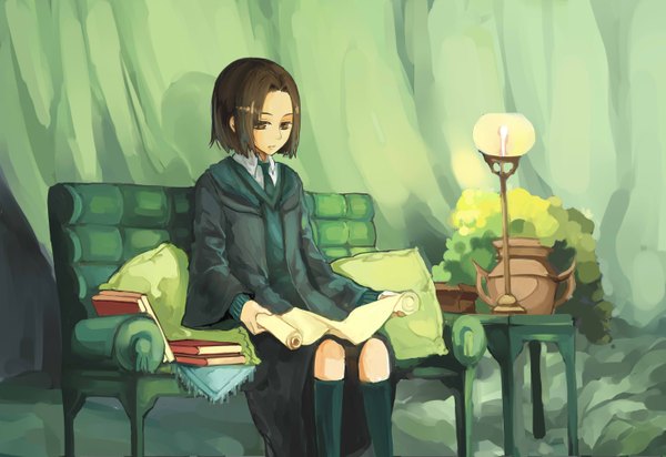 Anime picture 2952x2031 with harry potter severus snape tagme (artist) single highres short hair brown hair brown eyes boy uniform school uniform book (books) couch lamp scroll