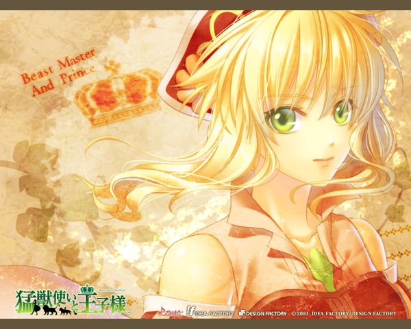 Anime picture 1280x1024 with beast master and prince (game) idea factory tiana (beast master and prince) single long hair looking at viewer fringe blonde hair bare shoulders green eyes inscription hieroglyph girl headdress crown