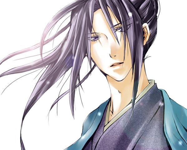 Anime picture 1024x819 with hakuouki shinsengumi kitan studio deen hijikata toshizou (hakuouki) petennshi long hair open mouth white background purple eyes purple hair ponytail japanese clothes wind boy kimono