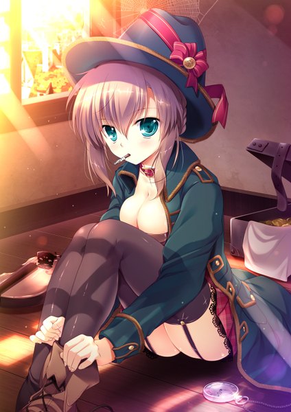 Anime picture 1000x1414 with original mikeou single tall image looking at viewer short hair blue eyes light erotic sitting holding cleavage grey hair mouth hold girl thighhighs bow black thighhighs hat