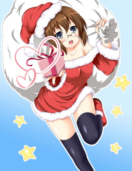 Anime picture 1024x1331 with ore no imouto ga konna ni kawaii wake ga nai tamura manami hinata sora tall image blush fringe short hair open mouth blue eyes hair between eyes brown hair fur trim christmas merry christmas girl thighhighs black thighhighs glasses star (symbol) fur