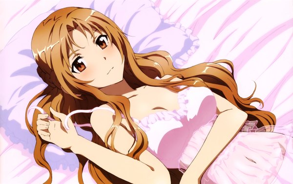 Anime picture 4034x2547 with sword art online a-1 pictures yuuki asuna toya kento single long hair looking at viewer blush highres light erotic brown hair brown eyes absurdres lying scan official art girl nightie