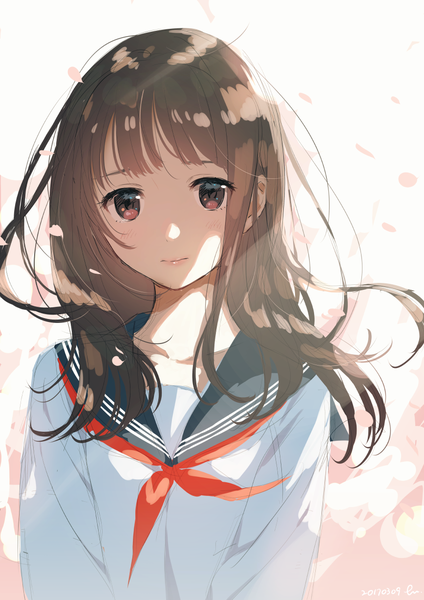 Anime picture 868x1228 with original morikura en single long hair tall image looking at viewer fringe smile brown hair brown eyes signed upper body wind shadow dated 2017 girl uniform petals serafuku