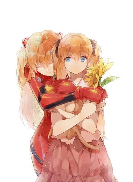 Anime picture 810x1106 with neon genesis evangelion gainax soryu asuka langley moca (p0ckylo) long hair tall image blue eyes simple background smile white background twintails eyes closed orange hair hug dual persona girl dress flower (flowers) toy bodysuit